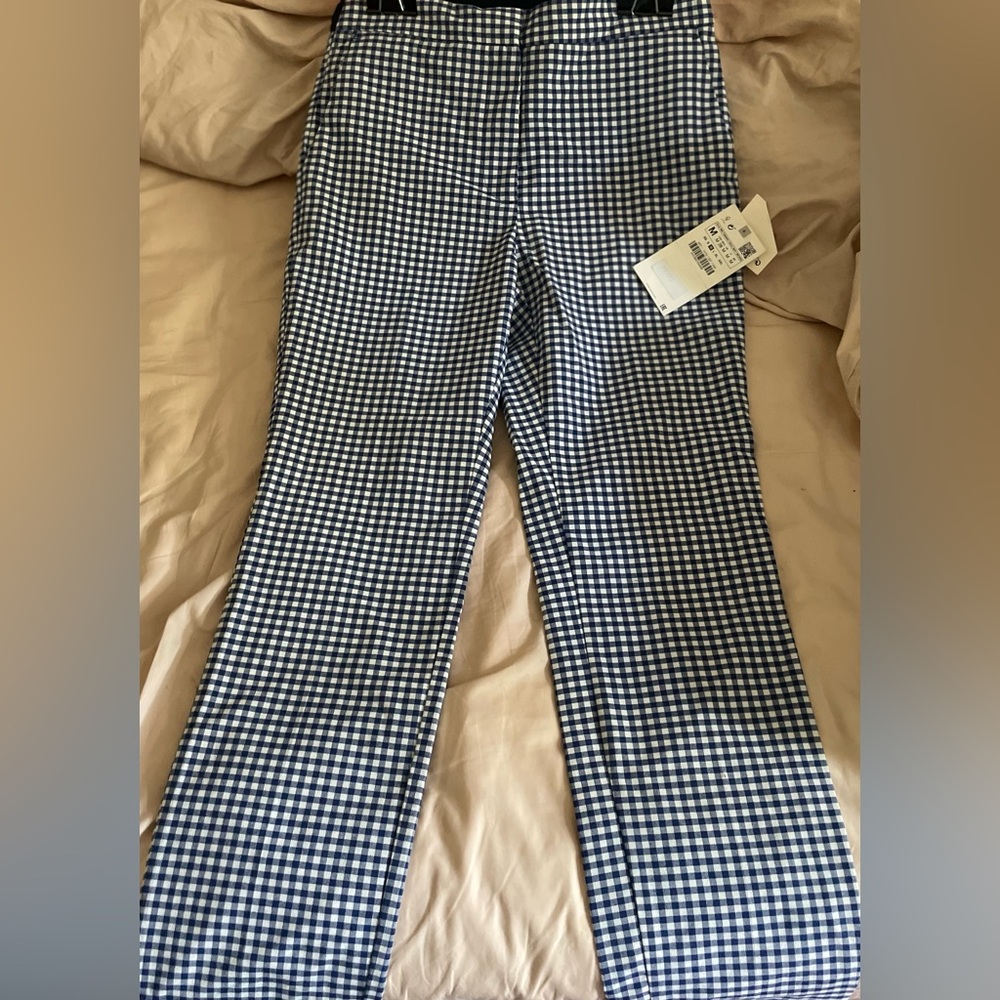 New Zara Plaid Navy Blue/White Jogger Waist Pants Sz M